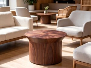Modern Round Wood Coffee Table | Minimalist Sculptural Lounge Table