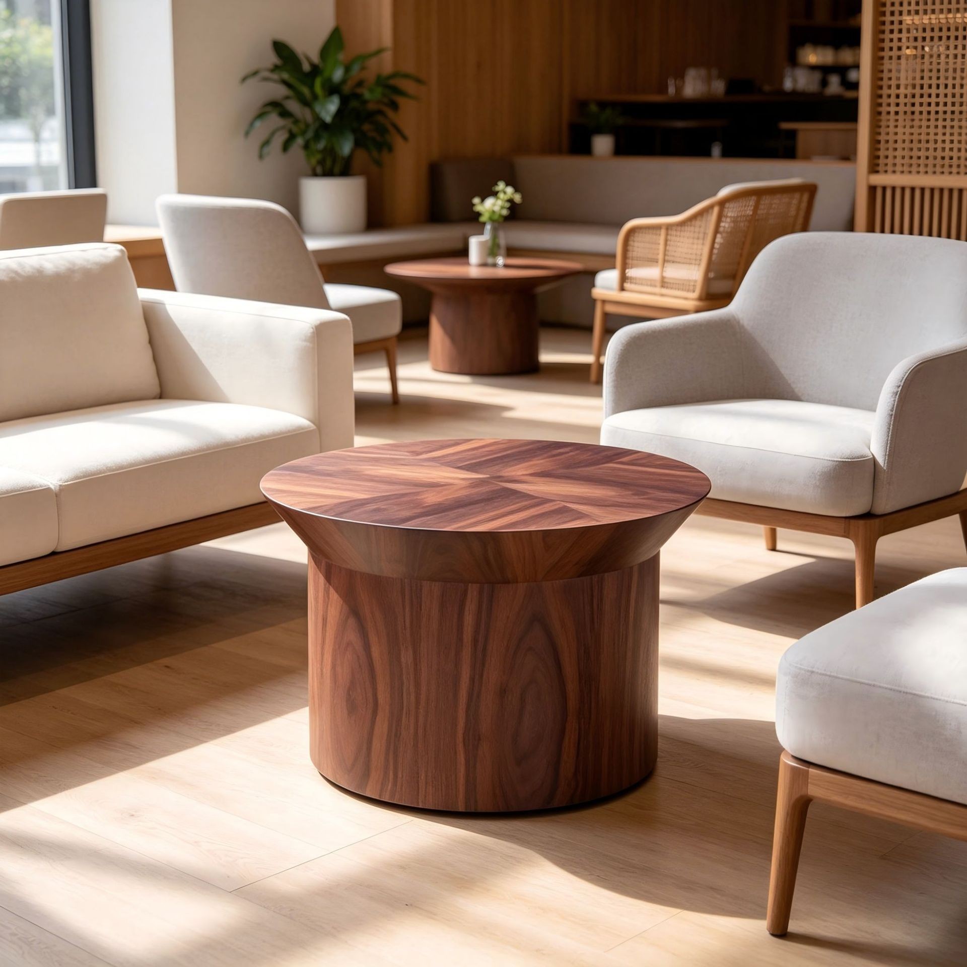 Modern Round Wood Coffee Table | Minimalist Sculptural Lounge Table
