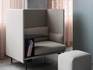 High-Back Privacy Work Sofa | Single Office Booth with Side Table, Storage & Ottoman