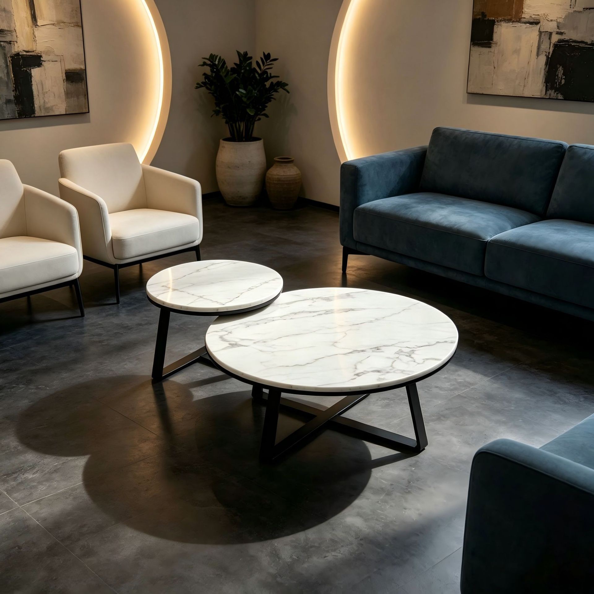 Modern Round Nesting Coffee Table Set | Marble-Look Metal Tables - Image 3