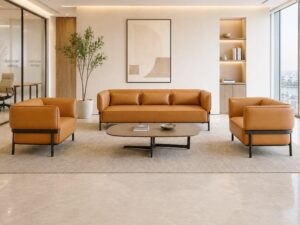 Modern Executive Reception Sofa | Caramel Upholstered Metal-Frame Sofa Set