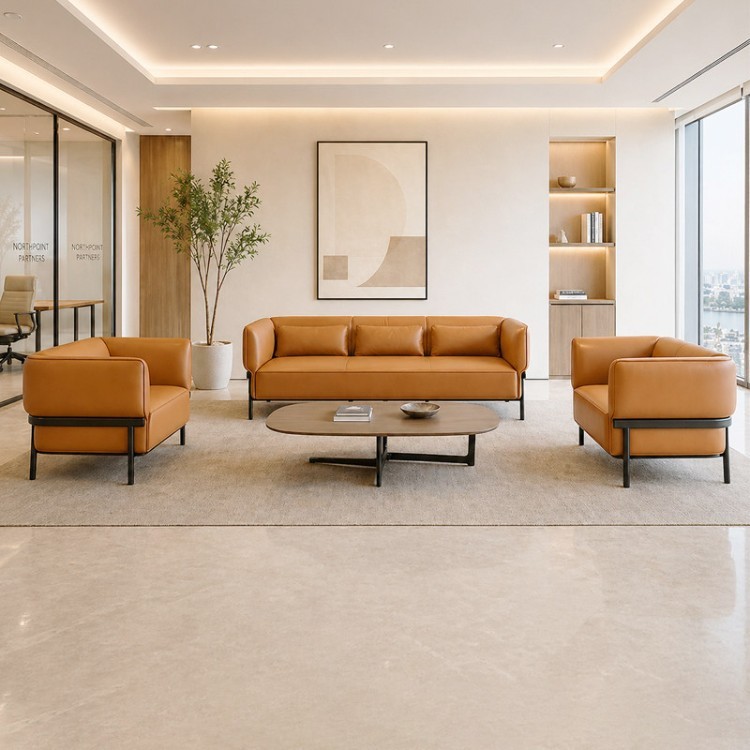 Modern Executive Reception Sofa | Caramel Upholstered Metal-Frame Sofa Set