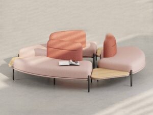 Modern Organic Modular Sofa Set | Pink Lounge Seating with Wooden Side Tables