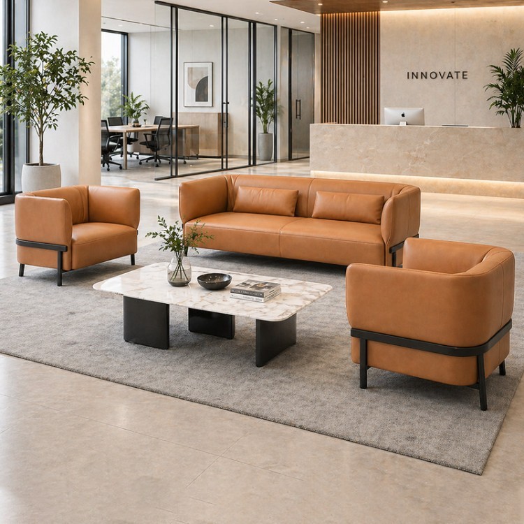 Modern Executive Reception Sofa | Caramel Upholstered Metal-Frame Sofa Set - Image 3