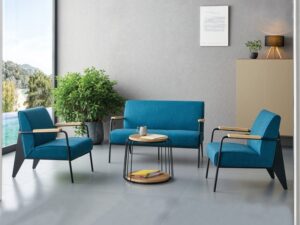 Modern Upholstered Lounge Chair with Metal Frame & Wooden Armrests
