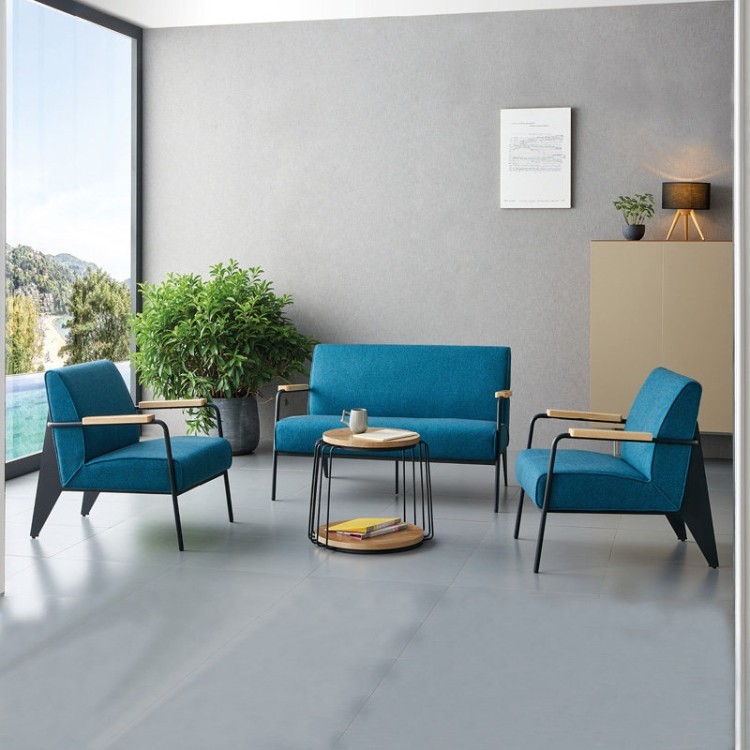 Modern Upholstered Lounge Chair with Metal Frame & Wooden Armrests