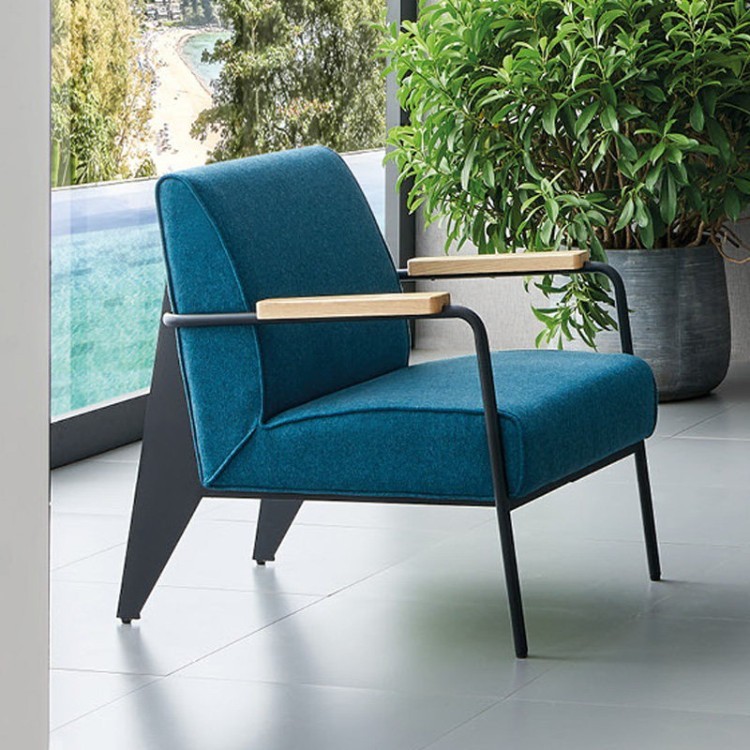 Modern Upholstered Lounge Chair with Metal Frame & Wooden Armrests - Image 2