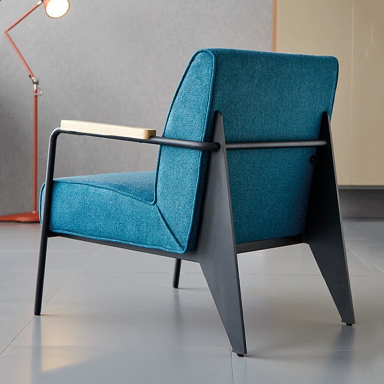 Modern Upholstered Lounge Chair with Metal Frame & Wooden Armrests - Image 3