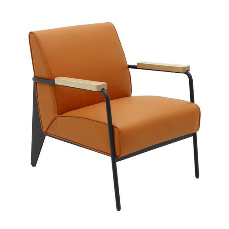 Modern Upholstered Lounge Chair with Metal Frame & Wooden Armrests - Image 5