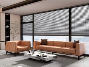 Modern Cognac Upholstered Sofa Set | 3-Seater Sofa and Lounge Chair for Office Reception