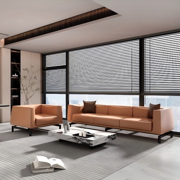 Modern Cognac Upholstered Sofa Set | 3-Seater Sofa and Lounge Chair for Office Reception