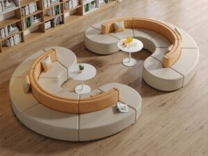 Curved Modular Sofa Set in Ivory and Camel | Circular Lounge Seating for Libraries & Commercial Spaces
