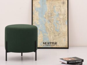Modern Round Ottoman Stool | Green Upholstered Accent Pouf with Black Metal Legs