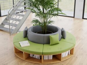 Curved Reading Sofa with Integrated Bookshelf | Library Public Lounge Seating