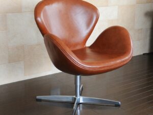 Retro Cognac Brown Upholstered Lounge Chair with Swivel Base