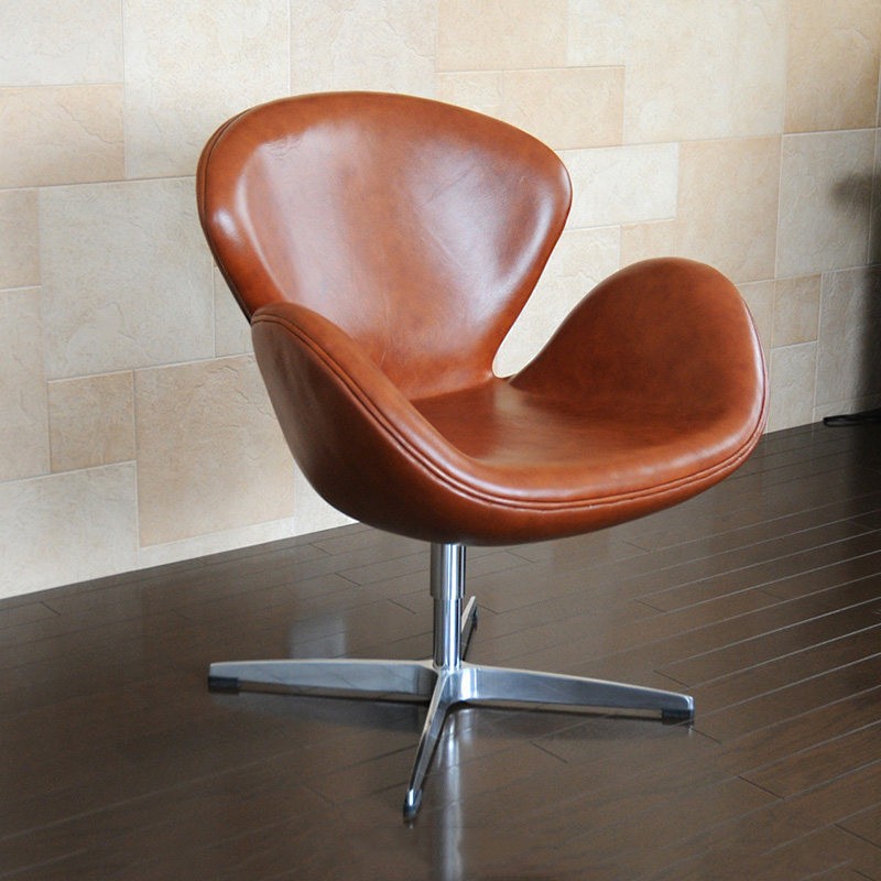 Retro Cognac Brown Upholstered Lounge Chair with Swivel Base