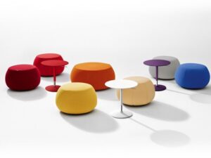 Modern Round Upholstered Ottoman | Colorful Lounge Pouf with Optional Side Table for Commercial Spaces