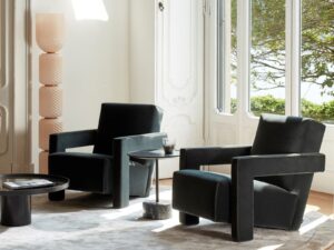 Modern Black Upholstered Reception Lounge Chair with Geometric Armrests