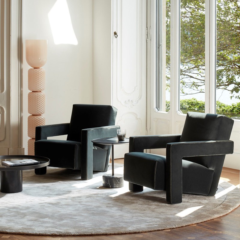 Modern Black Upholstered Reception Lounge Chair with Geometric Armrests