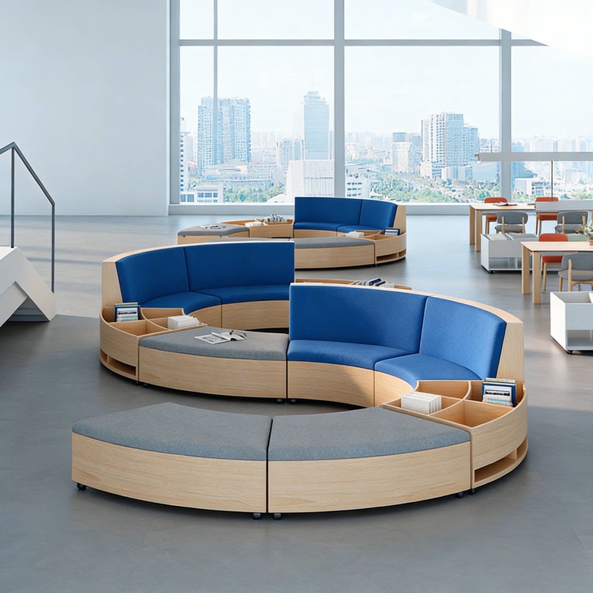 Curved Modular Library Sofa with Integrated Bookshelf | Public Reading Seating System - Image 3