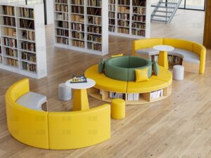 Circular Modular Library Sofa with Integrated Bookshelf | Shared Reading Seating System