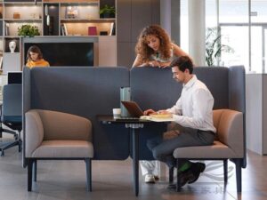 High-Back Office Booth Sofa | Face-to-Face Seating with Integrated Table for Meetings & Commercial Lounges